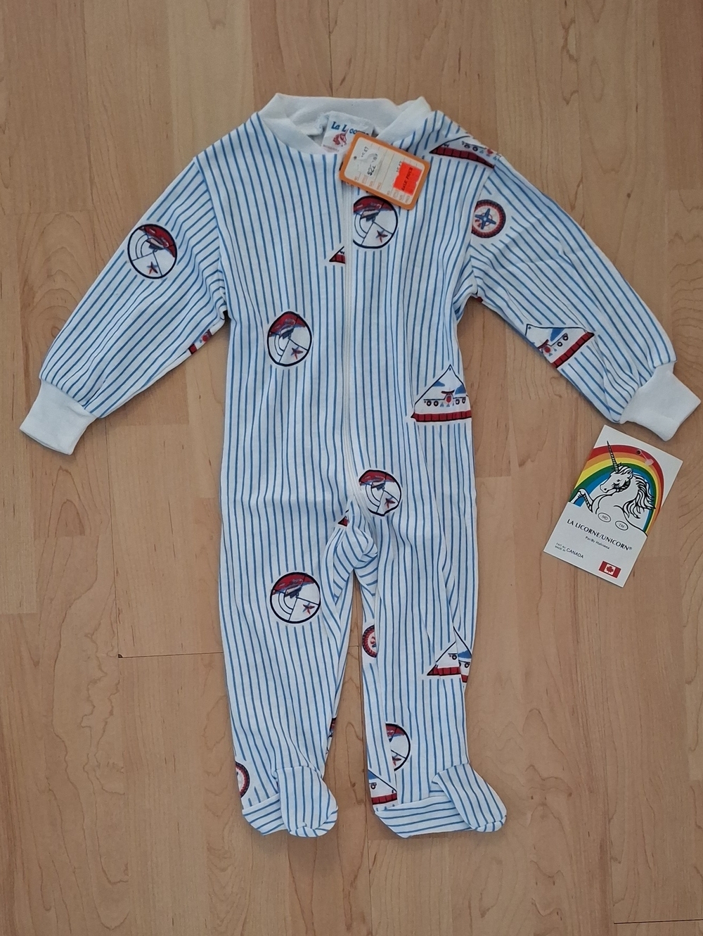 NWT Vintage Baby Boy Blue Striped Nautical Sleepers Footies Size 12m